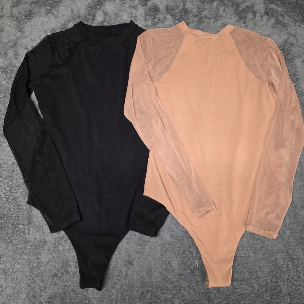 Pumiey Bodysuit Womens Sm Nude Black Soft Sheer Mesh Longsleeve Bodycon Layering